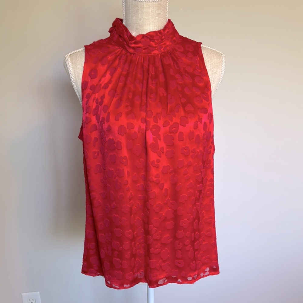 White House Black Market Red Ruched Mandarin Collar Blouse